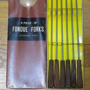 Vintage FONDUE Forks in Original Box Stainless Steel Teak Handles (221V)